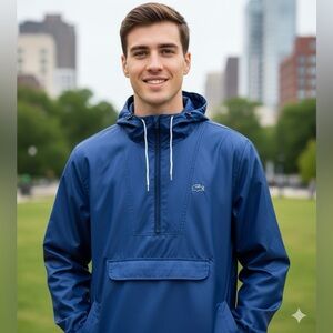 Lacoste unisex dark blue, hooded windbreaker, half zipper, kangaroo pocket, M